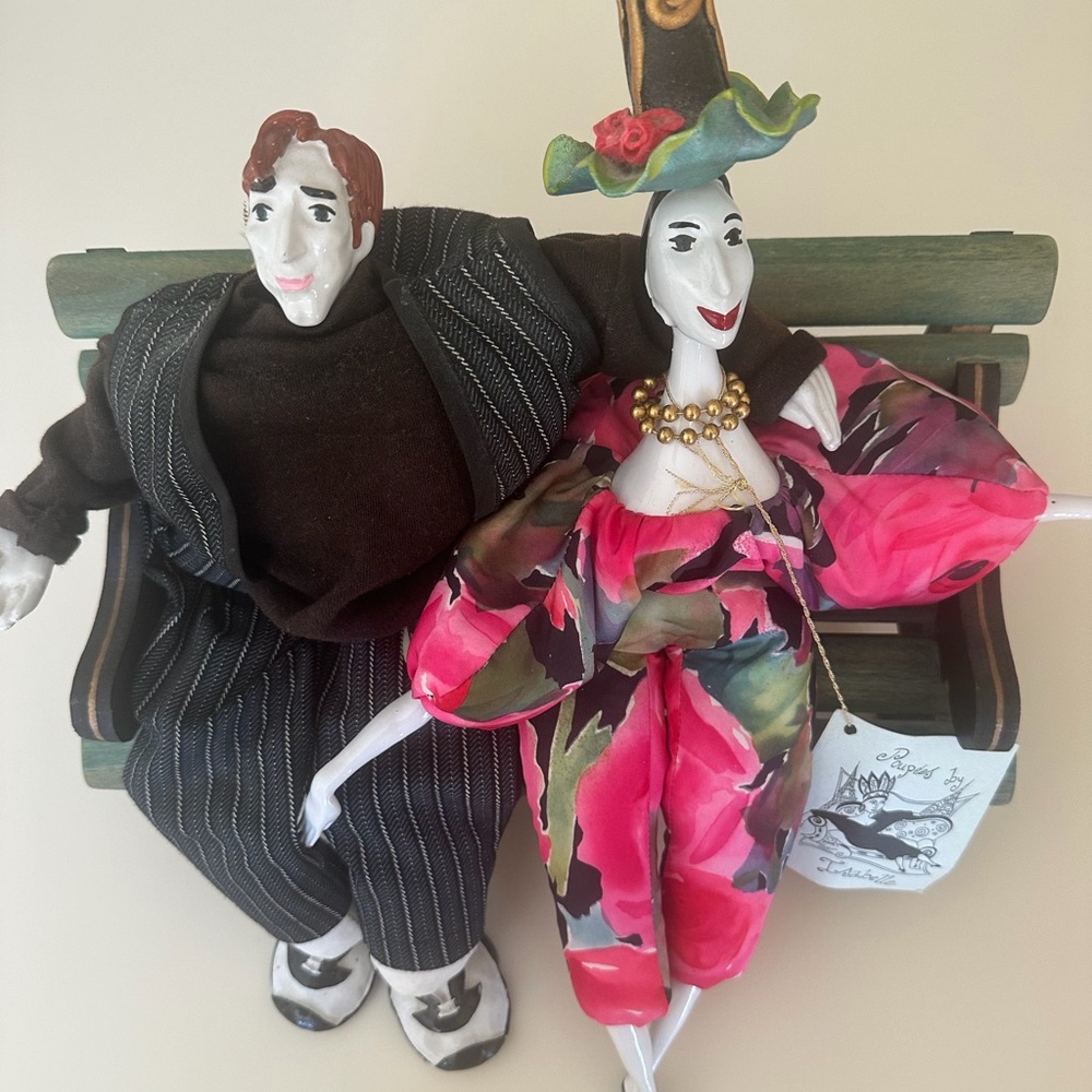 Colorful Art Doll Couple on Bench